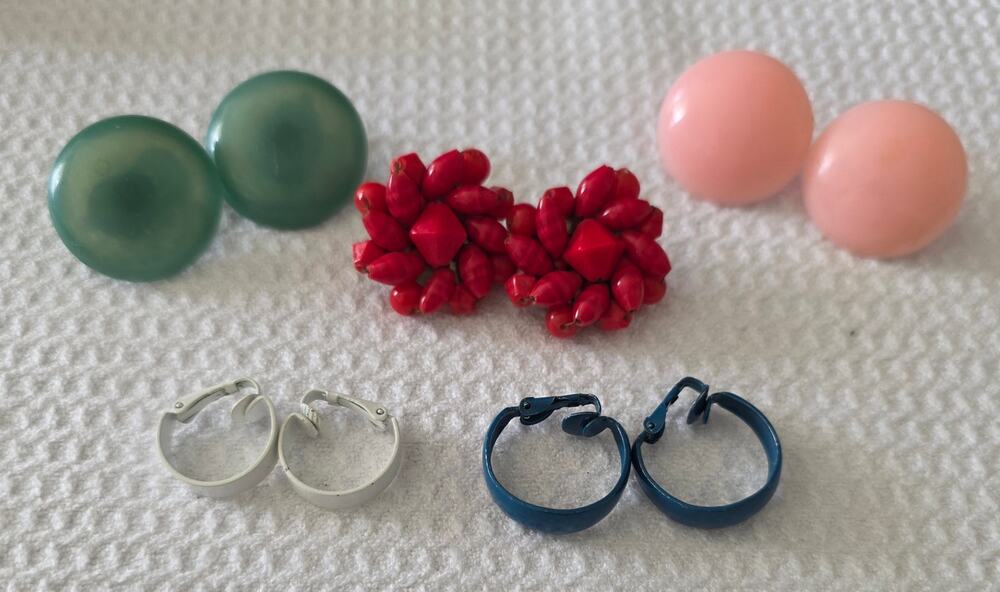 Lot of 5 Vintage Clip On Earrings Colorful Lucite Beaded Hoop Unmarked